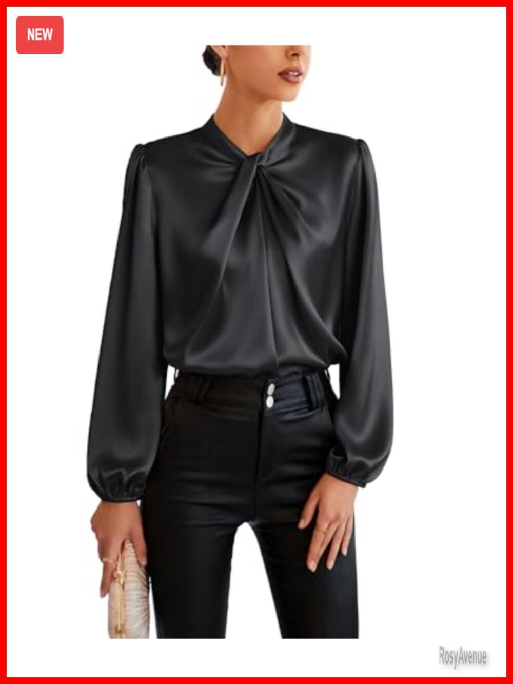 Satin Long Sleeve Blouse Twist Neckline Business Casual Loose Fit